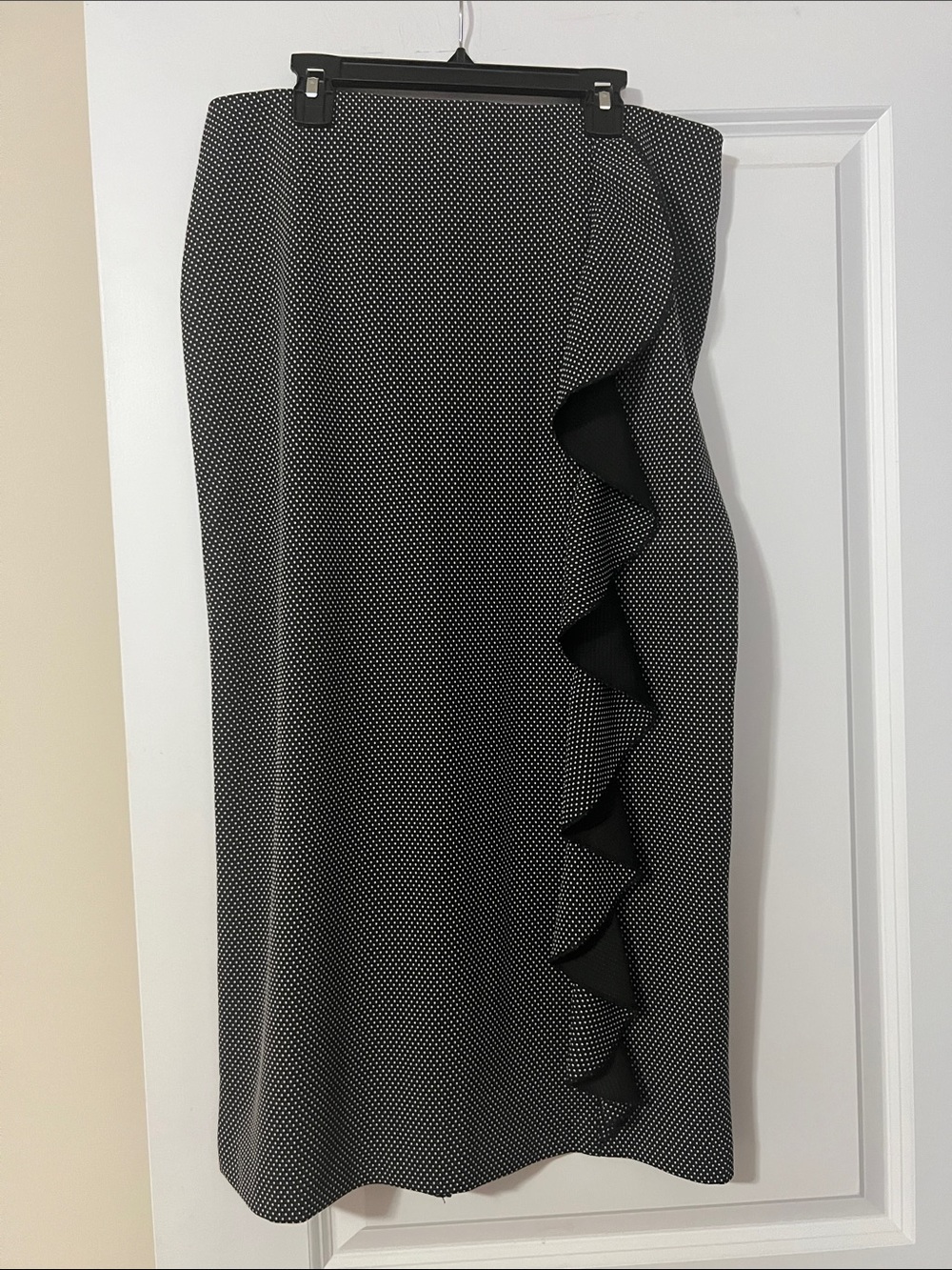 Polka Dot Black & White Ruffle-Trim Pencil Skirt